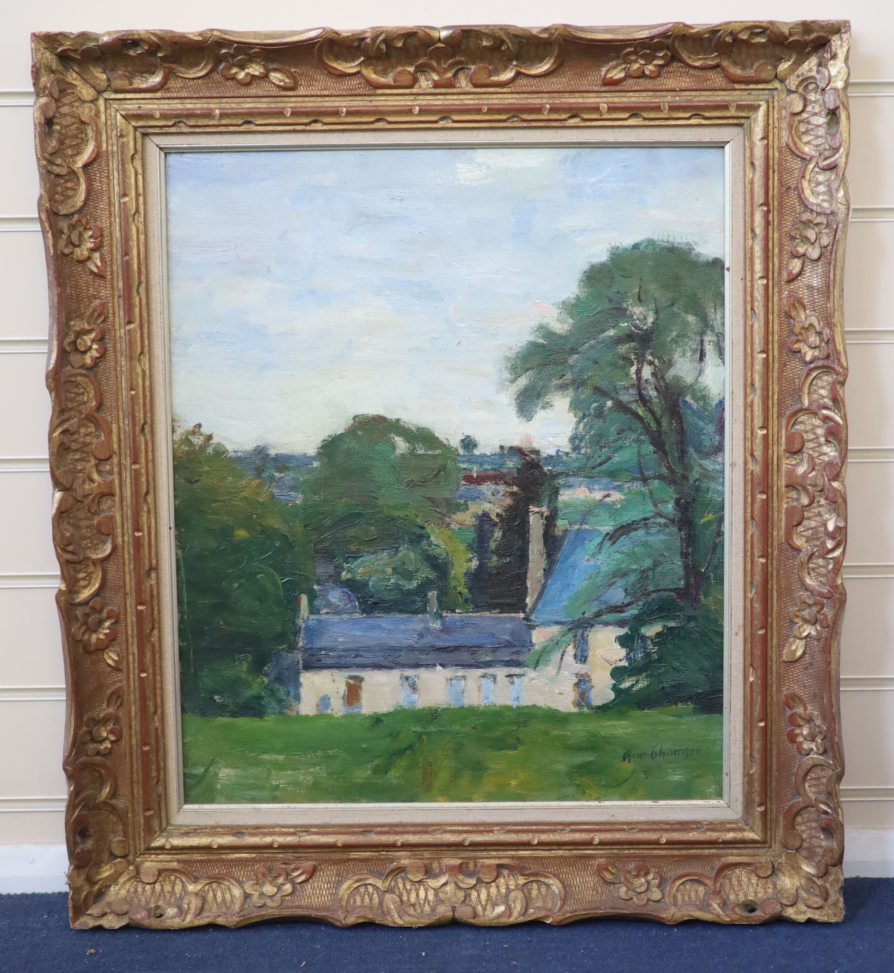 Rene Thomsen (French, 1897-1976), House and trees in a landscape, Oil on canvas, 54 x 45cm.